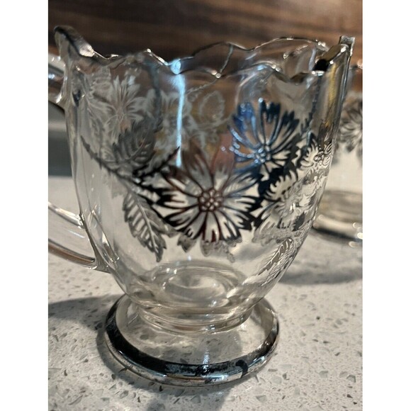 Vtg Clear Glass W Silver Overlay Floral Design Cream And Sugar Set. Grannycore - Picture 4 of 8
